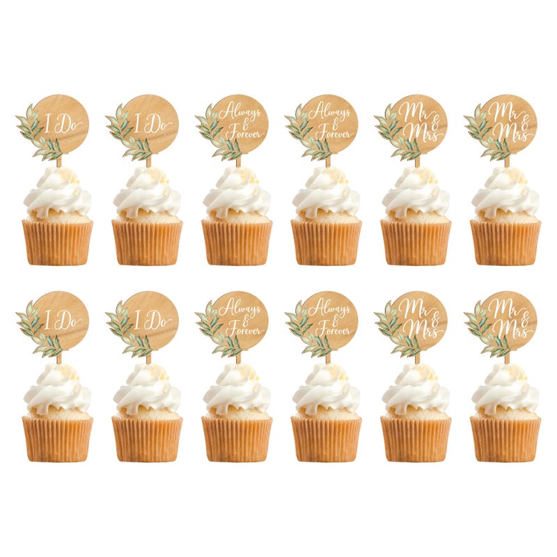 Party to Be 12 PCS Wedding Cupcake Toppers Green Mr & Mrs Wedding Cake Cupcake Decorations in Wood - Image 1
